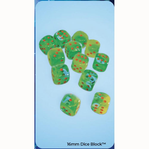 Chessex Mfg Co Llc -  Dice Menagerie 11: Gemini 16Mm D6 Plasma Green-Teal With Orange Luminary Dice Block (12 Dice)