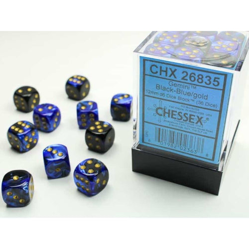 Chessex Mfg Co Llc -  D6 -- 12Mm Gemini Dice - Black-Blue/Gold; 36Ct
