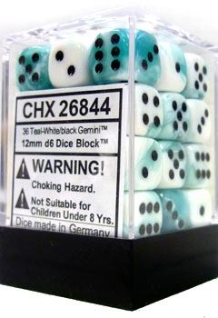 Chessex - Chessex: Gemini Teal-White/Black 12Mm D6 Dice Block