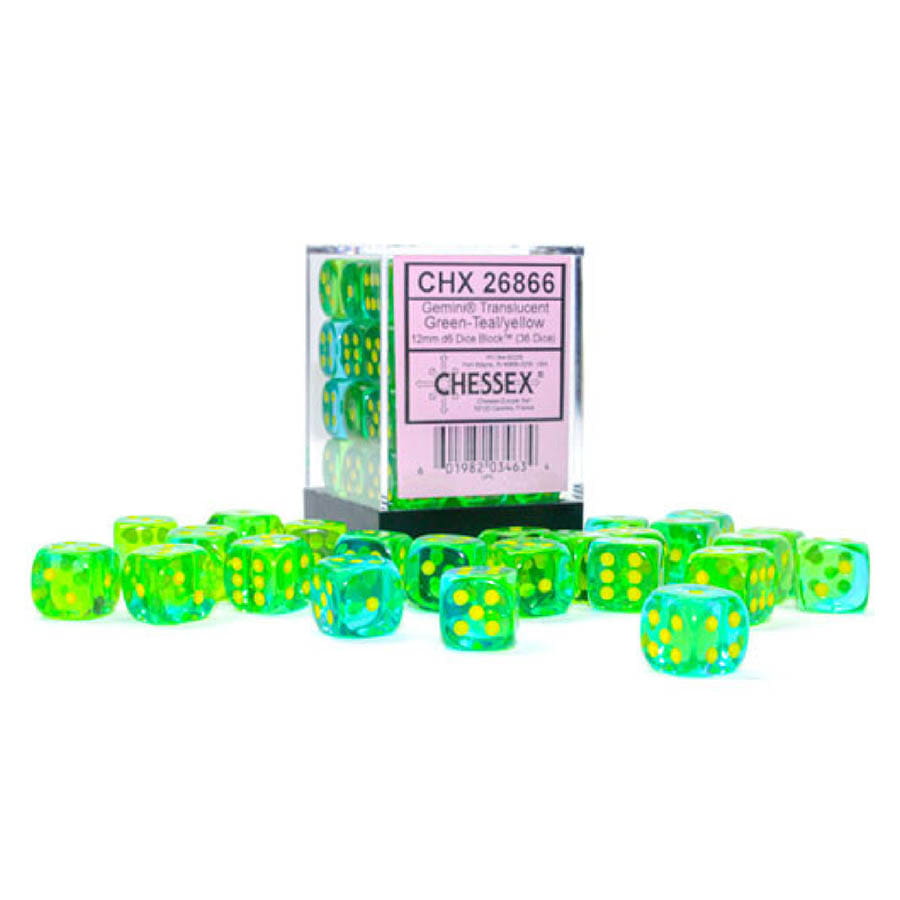 Chessex Mfg Co Llc -  12Mm 36Ct D6 Block: Gemini Translucent Green-Teal/Yellow