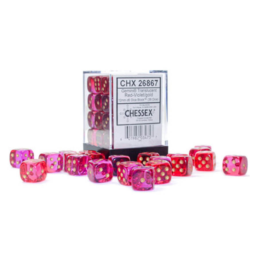 Chessex Mfg Co Llc -  12Mm 36Ct D6 Block: Gemini Translucent Red-Violet/Gold