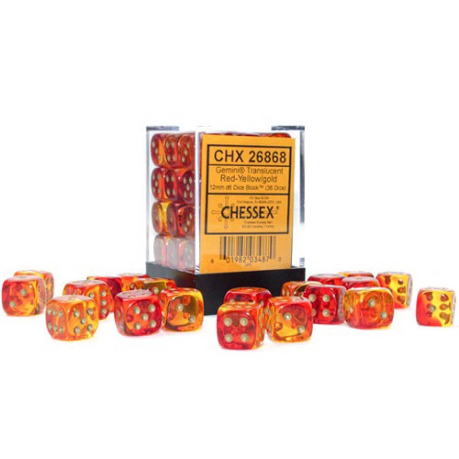 Chessex Mfg Co Llc -  12Mm 36Ct D6 Block: Gemini Translucent Red-Yellow/Gold