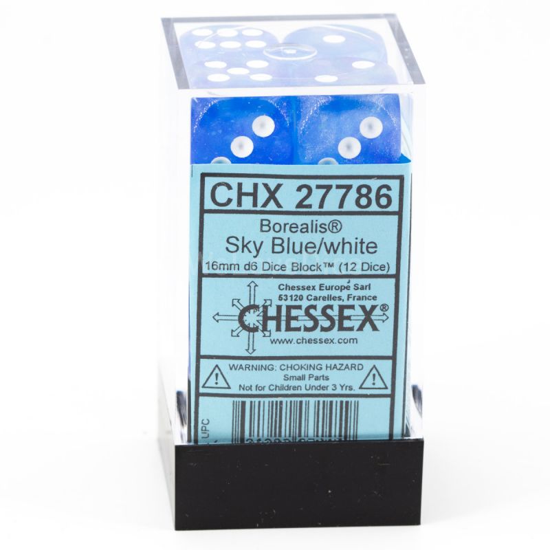Chessex - Chessex Borealis 16Mm D6 Sky Blue/White Luminary Dice Block (12 Dice)