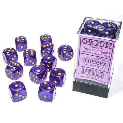 Chessex - Chessex Borealis 16Mm D6 Royal Purple/Gold Luminary Dice Block (12 Dice)