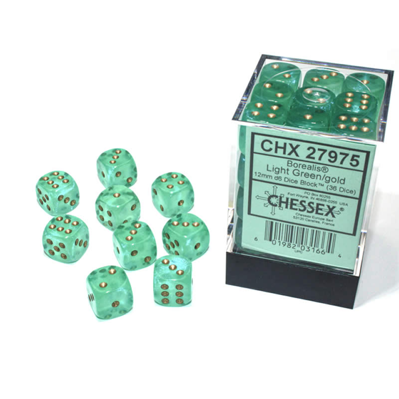 Chessex - Chessex Borealis 12Mm D6 Light Green/Gold Luminary Dice Block (36 Dice)