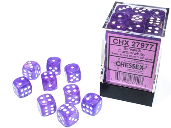 Chessex - Chessex Borealis 12Mm D6 Purple/White Luminary Dice Block (36 Dice)