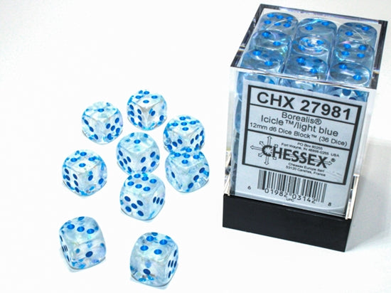 Chessex - Chessex Borealis 12Mm D6 Icicle/Light Blue Luminary Dice Block (36 Dice)