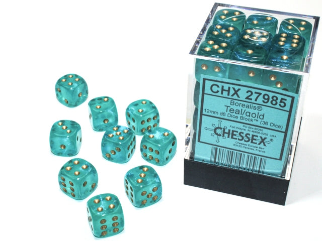 Chessex - Chessex Borealis 12Mm D6 Teal/Gold Luminary Dice Block (36 Dice)