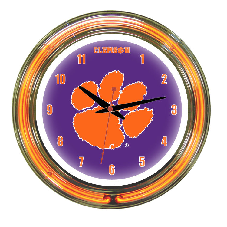 CLEMSON NEON WALL CLOCK - 14'' PURPLE FACE / ORANGE NEON - CLMNWC200-14