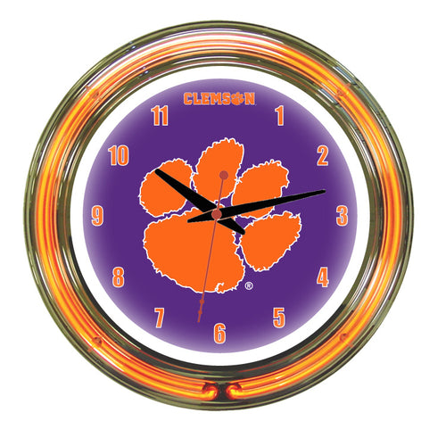 CLEMSON NEON WALL CLOCK - 14'' PURPLE FACE / ORANGE NEON - CLMNWC200-14