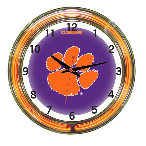CLEMSON NEON WALL CLOCK - 18'' PURPLE FACE / ORANGE NEON - CLMNWC200-18