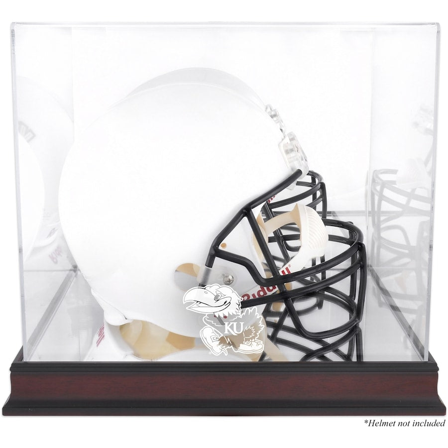 Kansas Jayhawks Mahogany Base Team Logo Helmet Display Case with Mirrored Back
