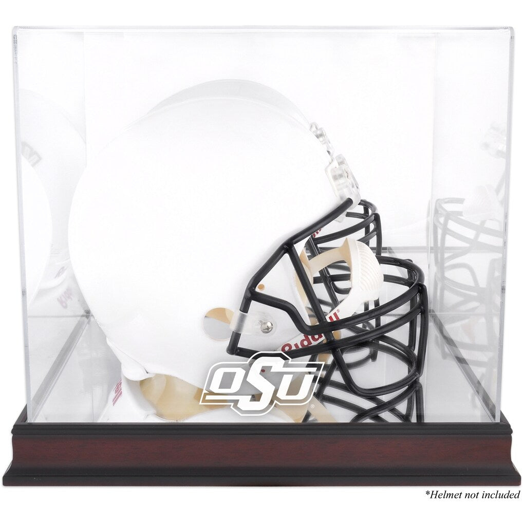 Oklahoma State Cowboys Mahogany Base Team Logo Helmet Display Case with Mirrored Back