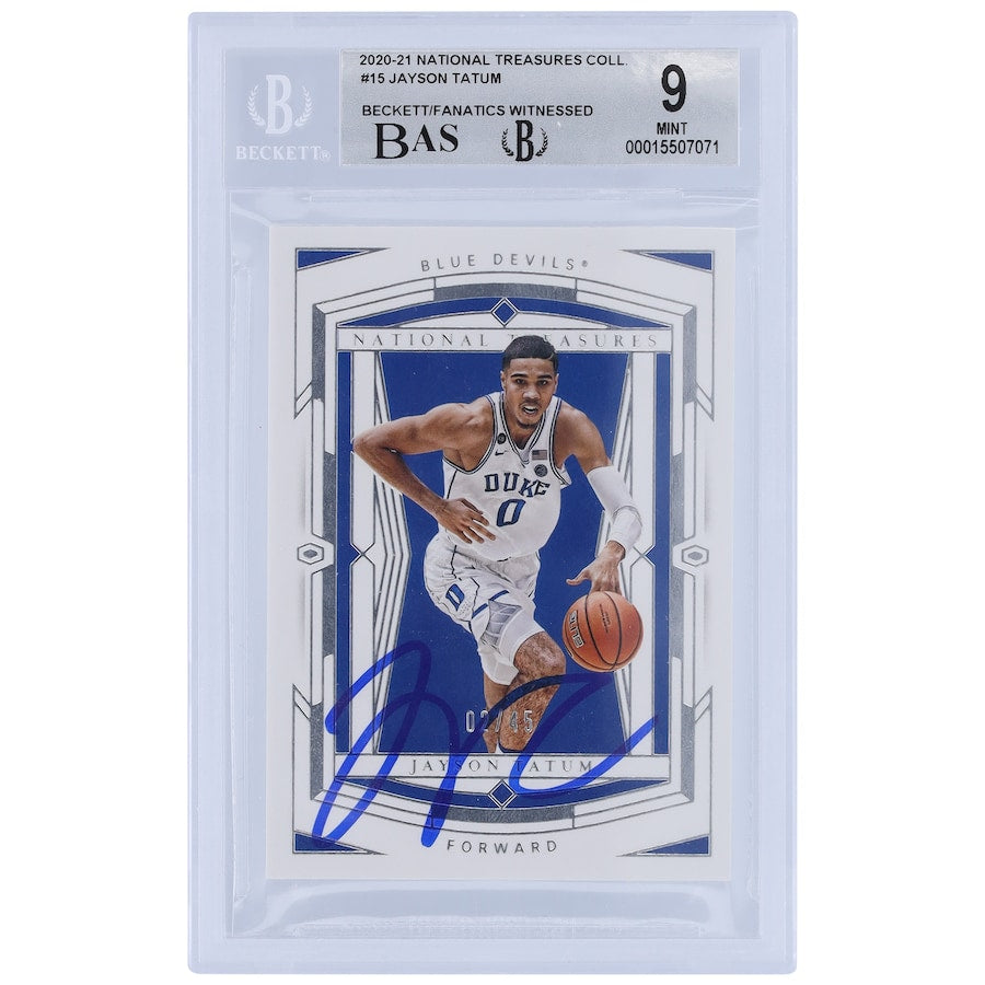 Jayson Tatum Duke Blue Devils Autographed 2020-21 Panini National Treasures Collegiate #15 #2/45 Beckett Fanatics Witnessed Authenticated 9/10 Card - 9,9,9,8.5 Subgrades