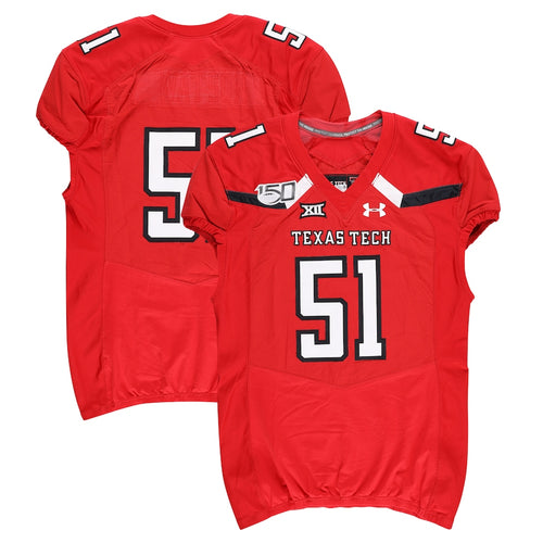Texas Tech Red Raiders Team-Issued #51 Red Jersey with 150 Patch from the 2019 NCAA Football Season