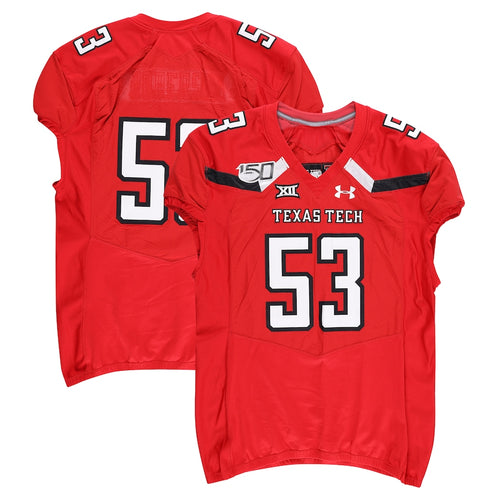Texas Tech Red Raiders Team-Issued #53 Red Jersey with 150 Patch from the 2019 NCAA Football Season