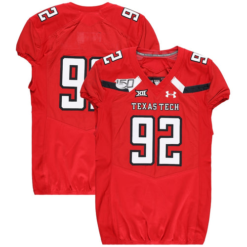 Texas Tech Red Raiders Team-Issued #92 Red Jersey with 150 Patch from the 2019 NCAA Football Season