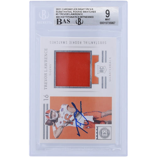 Trevor Lawrence Clemson Tigers Autographed 2021 Panini Chronicles Encased Draft Picks Sustantial Rookie Swatches Relic #ESR-TL Beckett Fanatics Witnessed Authenticated 9/10 Rookie Card