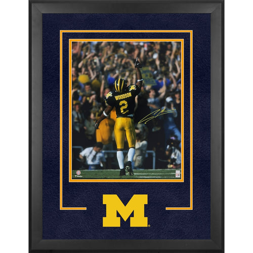 Charles Woodson Michigan Wolverines Autographed Deluxe Framed 16'' x 20'' Pointing Up Photograph - Signature in Yellow Ink