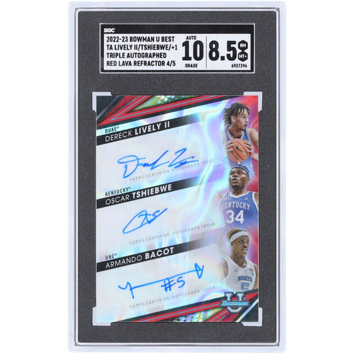 Armando Bacot, Dereck Lively II & Oscar Tshiebwe Autographed 2022-23 Bowman U Best Triple Red Lava Refractor #TA-LTB #4/5 SGC Authenticated 8.5/10 Card