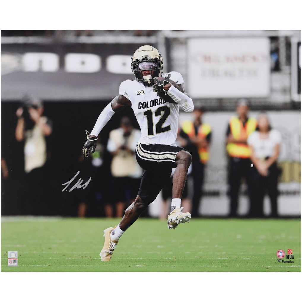 Travis Hunter Colorado Buffaloes Autographed 16'' x 20'' White Jersey Running Photograph