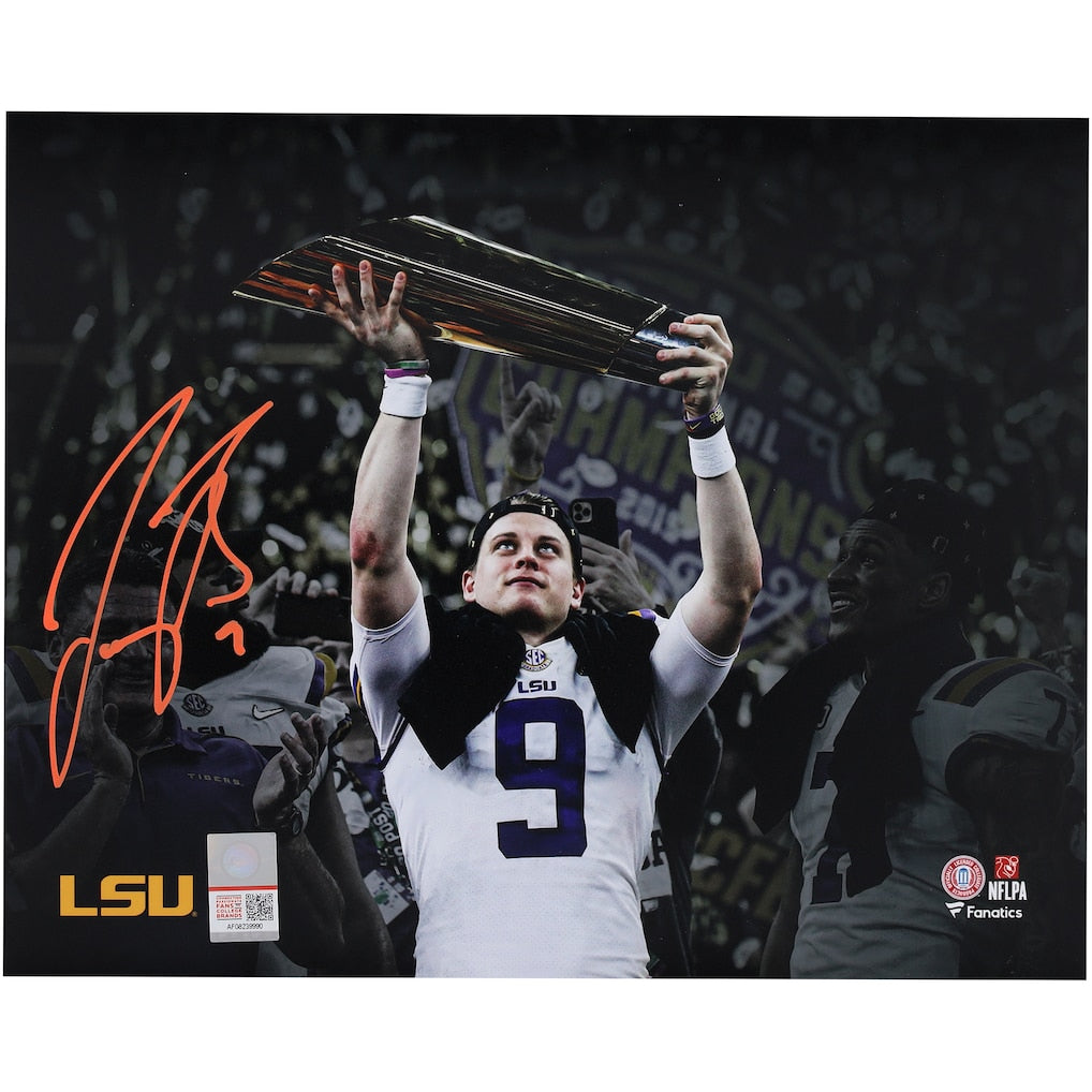 Joe Burrow LSU Tigers Autographed 8'' x 10'' Holding CFP Championship Trophy Spotlight Photograph - Signed in Orange Ink