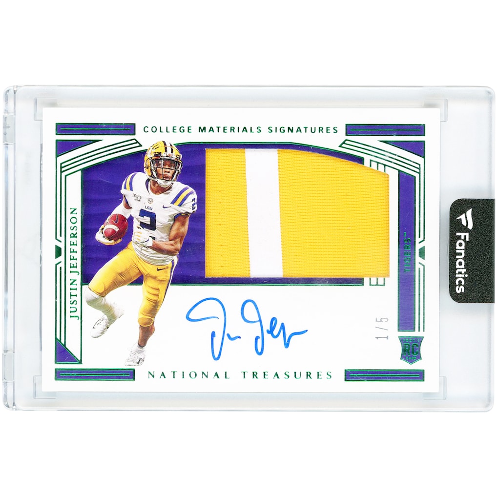 Justin Jefferson LSU Tigers Autographed 2020 Panini National Treasures Collegiate Dual-Color Relic Emerald #107 #1/5 Rookie Card