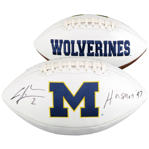 Charles Woodson Michigan Wolverines Autographed White Panel Football with ''Heisman 97'' Inscription