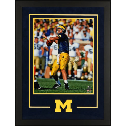 Tom Brady Michigan Wolverines Deluxe Framed Autographed 16'' x 20'' Blue Throwing Photograph