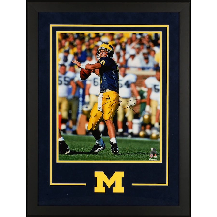 Tom Brady Michigan Wolverines Deluxe Framed Autographed 16'' x 20'' Blue Throwing Photograph