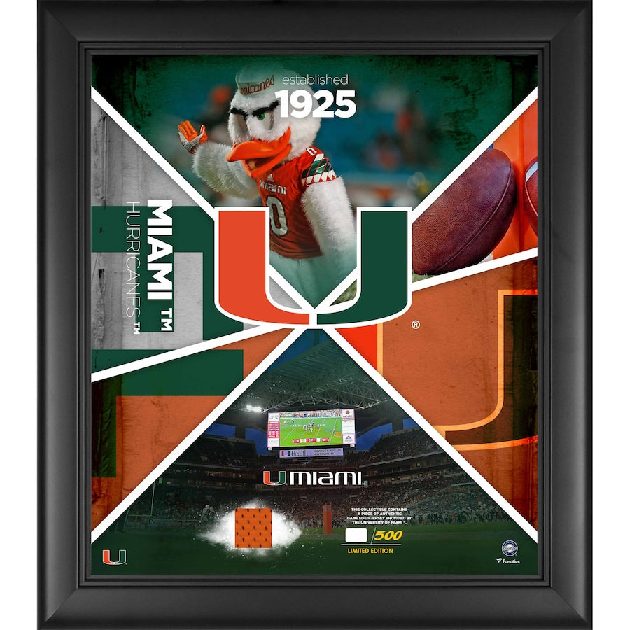 Miami Hurricanes Framed 15'' x 17'' Team Impact Collage with a Piece of Game-Used Jersey - Limited Edition of 500