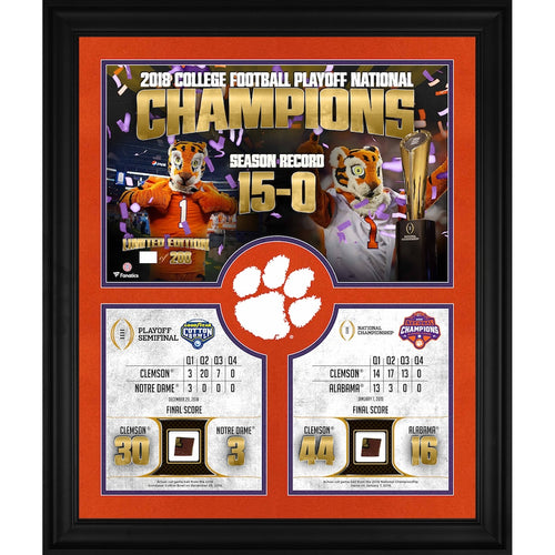 Clemson Tigers Framed 20'' x 24'' 2018 College Football Playoff Champions Collage with a Piece of Game Used Football from both the 2018 Cotton Bowl and 2019 National Championship Game - Limited Edition of 200