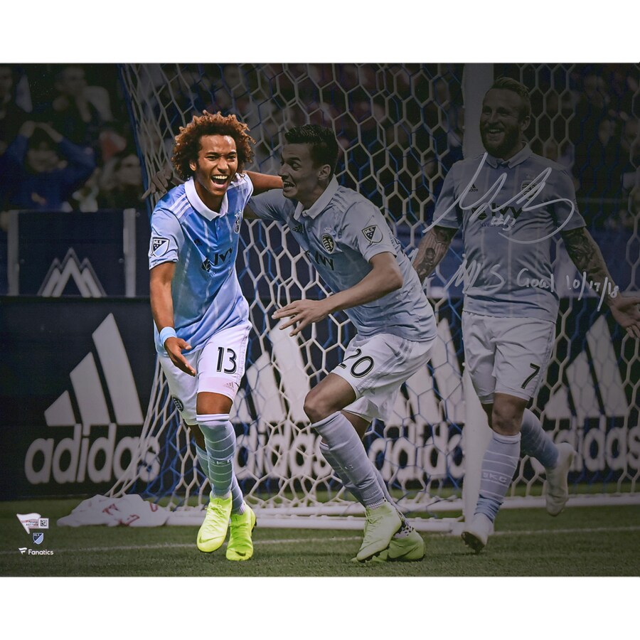 Gianluca Busio Sporting Kansas City Autographed 16'' x 20'' Blue First MLS Goal Celebration Photograph with ''1st MLS Goal 10/17/18'' Inscription