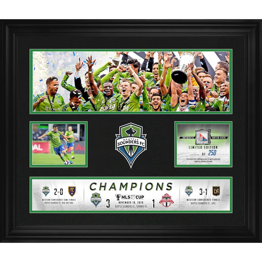 Seattle Sounders FC Framed 20'' x 24'' FC 2019 MLS Cup Champions Collage with a Piece of Match-Used Ball from the 2019 MLS Cup - Limited Edition of 250