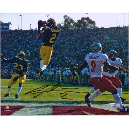 Charles Woodson Michigan Wolverines Autographed 8'' x 10'' Leaping Interception Photograph