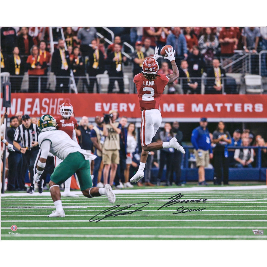 CeeDee Lamb Oklahoma Sooners Autographed 16'' x 20'' Leaping Catch Photograph with ''Boomer Sooner'' Inscription