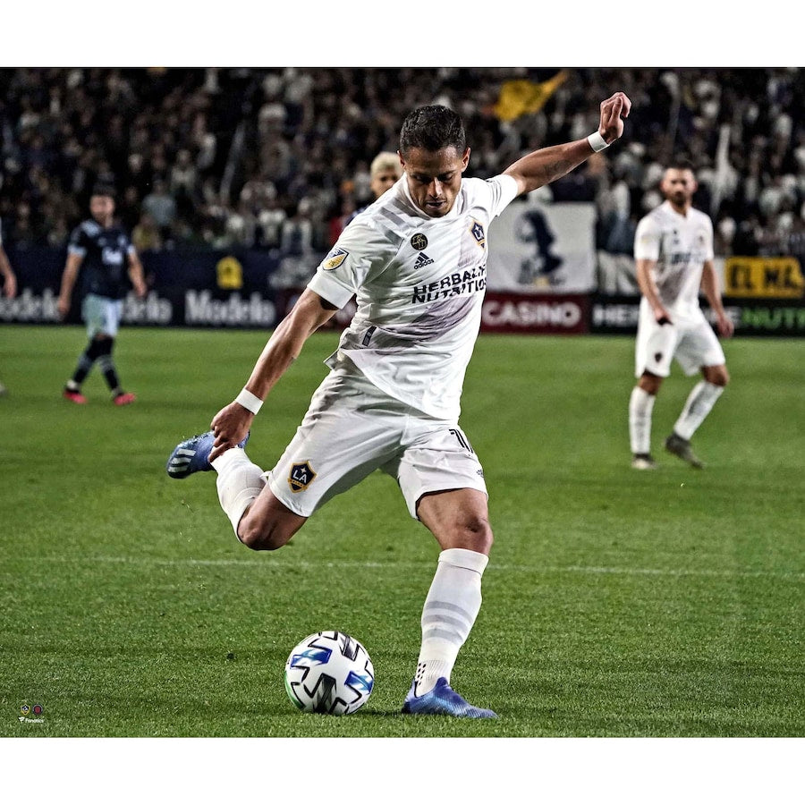 Javier Chicharito Hernandez LA Galaxy Unsigned White Jersey Kicking Photograph