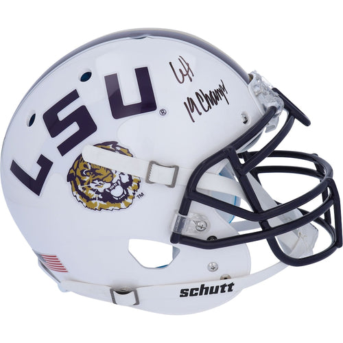 Clyde Edwards-Helaire LSU Tigers Autographed Schutt White and Gold Authentic Helmet with ''19 Champs'' Inscription