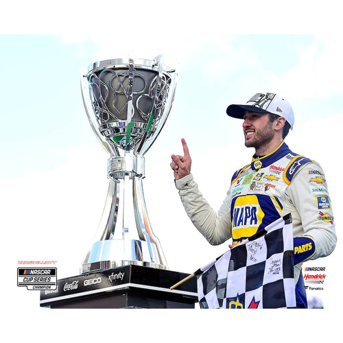 Chase Elliott Unsigned 2020 NASCAR Cup Champion Celebration with Checkered Flag and Trophy Photograph