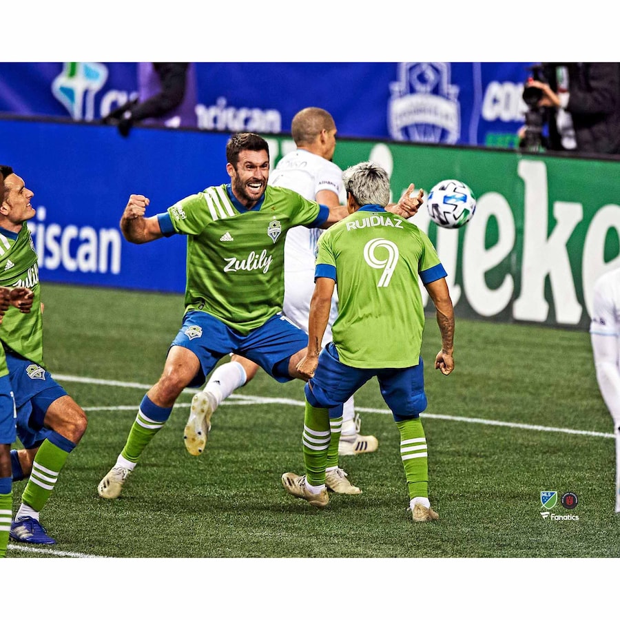 Raul Ruidiaz Seattle Sounders FC Unsigned 2020 MLS Cup Western Conference Finals Champions Goal Celebration with Will Bruin Photograph