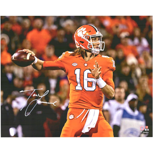 Trevor Lawrence Clemson Tigers Autographed 16'' x 20'' Orange Jersey Throwing Photograph