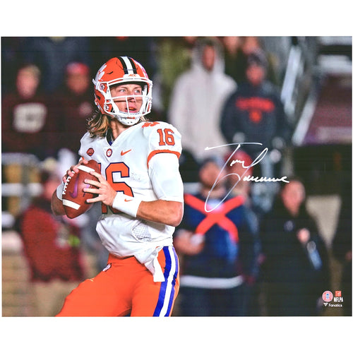 Trevor Lawrence Clemson Tigers Autographed 16'' x 20'' White Jersey Dropping Back Photograph