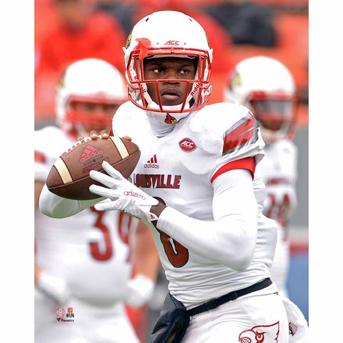 Lamar Jackson Louisville Cardinals Unsigned White Jersey Warming Up vs. NC State Photograph