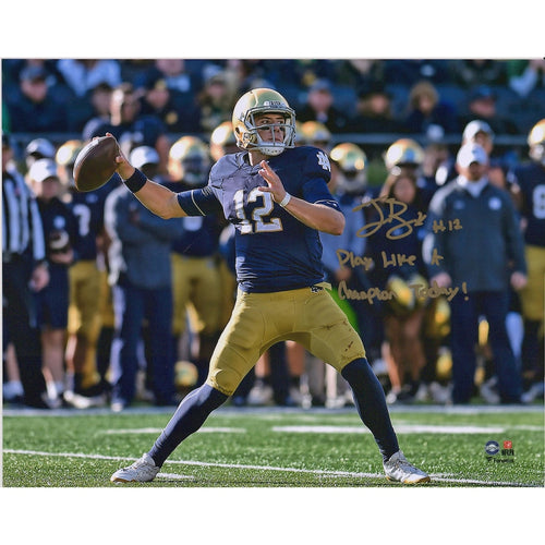 Ian Book Notre Dame Fighting Irish Autographed 8'' x 10'' Navy Jersey Passing Photograph with ''PLAY LIKE A CHAMPION TODAY!'' Inscription
