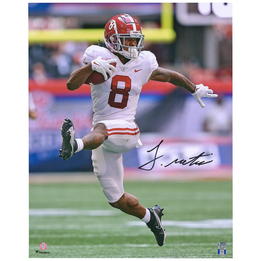 John Metchie Alabama Crimson Tide Autographed 16'' x 20'' White High Stepping Photograph