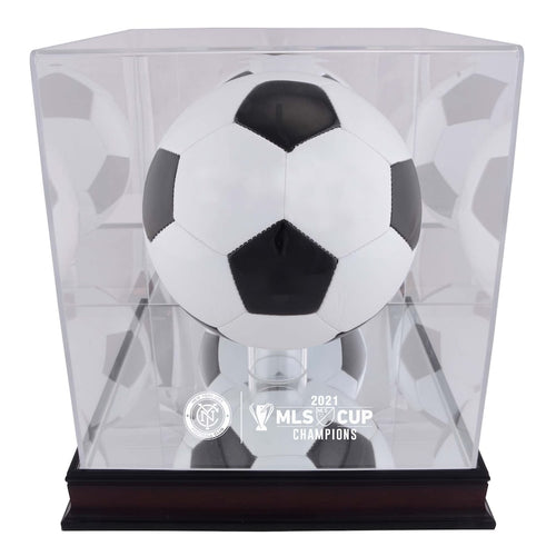 New York City FC 2021 MLS Cup Champions Mahogany Team Logo Soccer Ball Display Case