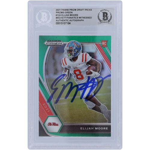 Elijah Moore Ole Miss Rebels Autographed 2021 Panini Prizm Draft Picks Green Prizm #124 Beckett Fanatics Witnessed Authenticated Rookie Card