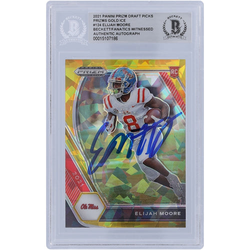 Elijah Moore Ole Miss Rebels Autographed 2021 Panini Prizm Draft Picks Gold Ice Prizm #124 Beckett Fanatics Witnessed Authenticated Rookie Card