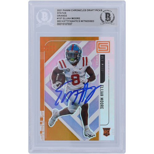 Elijah Moore Ole Miss Rebels Autographed 2021 Panini Chronicles Status DP Orange Variation #157 Beckett Fanatics Witnessed Authenticated Rookie Card