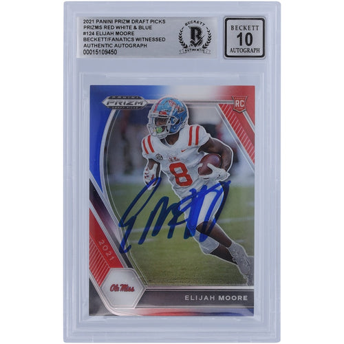 Elijah Moore Ole Miss Rebels Autographed 2021 Panini Prizm DP Red White & Blue Prizm #124 Beckett Fanatics Witnessed Authenticated 10 Rookie Card